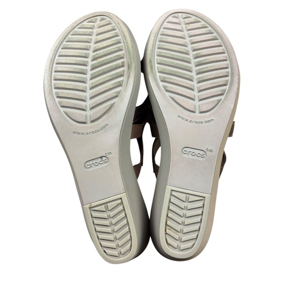 CROCS Leigh-Ann Leather Brown Wedge Sandals women’s Sz 8 - Picture 9 of 10